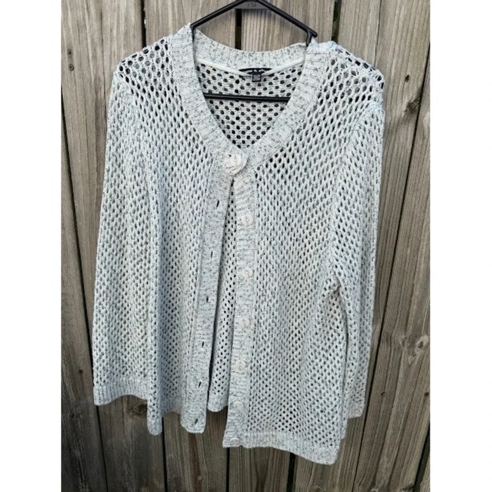 Boho Crochet Open Knit Cable & Gauge Cardigan XL Blue White Marled Mesh Sweater